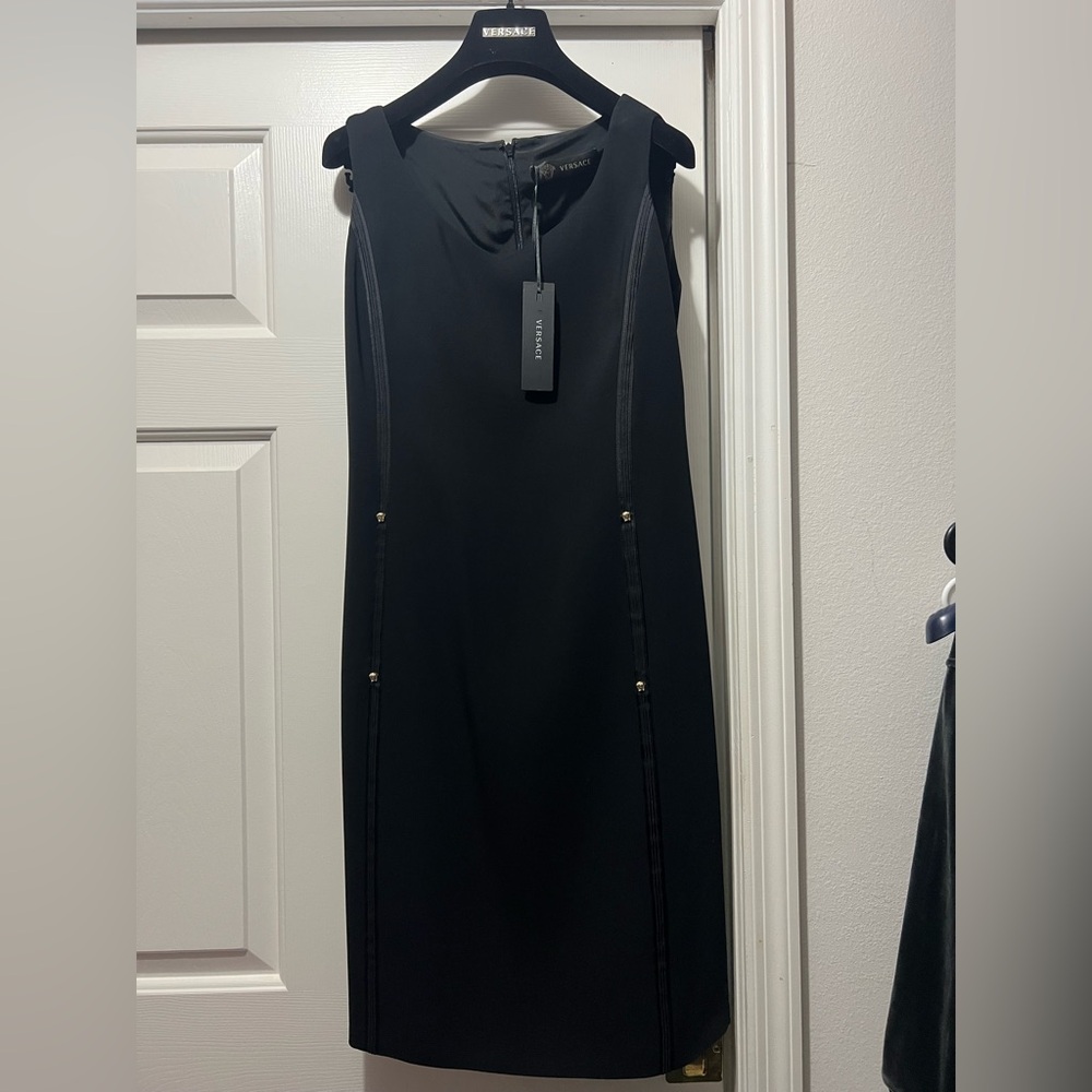 Versace Black Sleeveless Midi Dress with Gold Stud Accents
